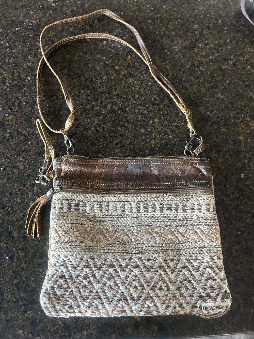 Myra Bag Brown and Cream Woven Crossbody with Leather Trim